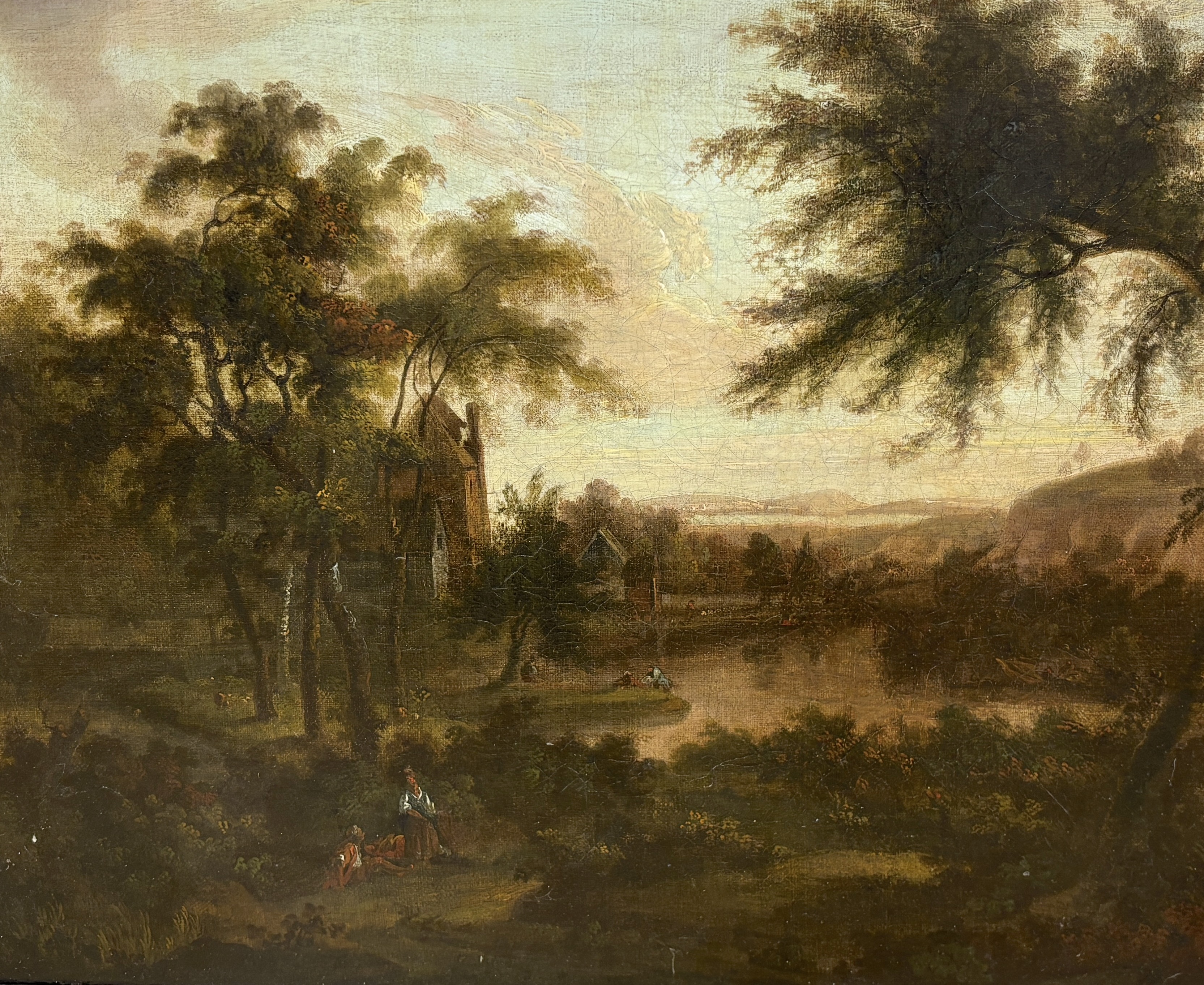 Georgian School, oil on canvas, Extensive landscape with figures, 42 x 52cm, gilt framed